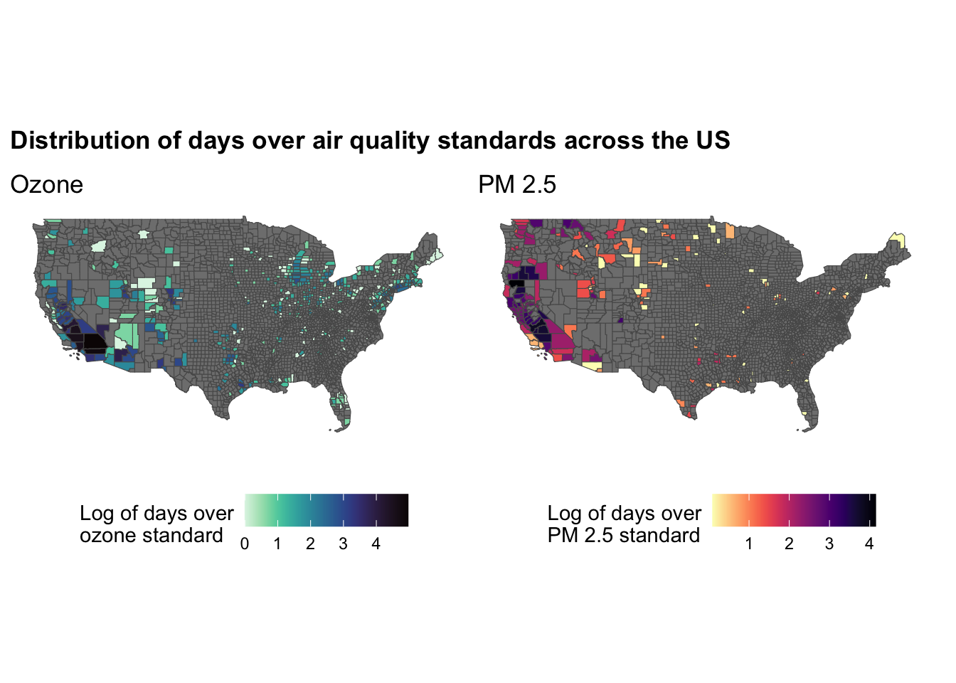 Distribution of days over the ozone and PM 2.5 standard across the United States, excluding Hawaii and Alaska.